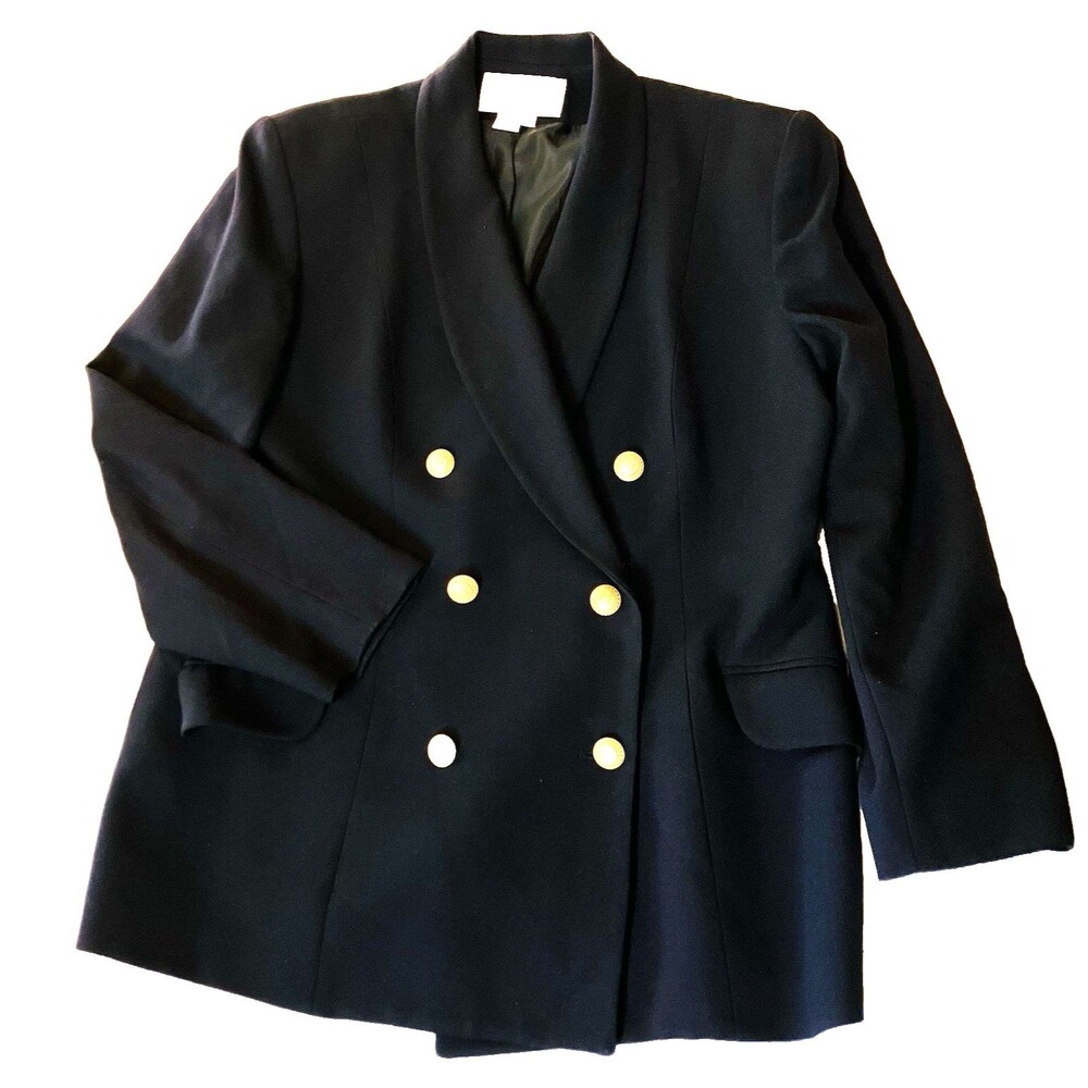 Jones New York Blazer Double Breast Wool Blue Gold Bt 16 Preppy Career Old Money
